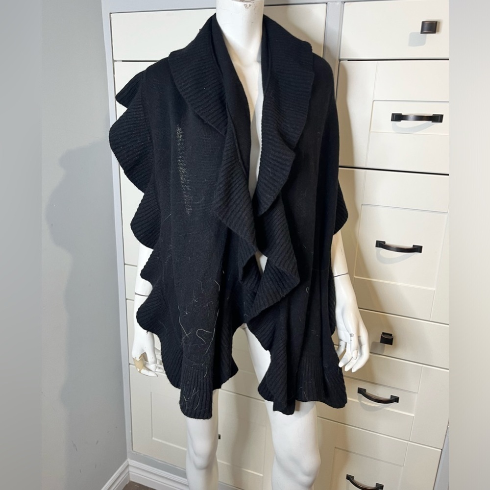 Black knit shawl, roughly detail, long, unknown maker. Rap. Scarf.